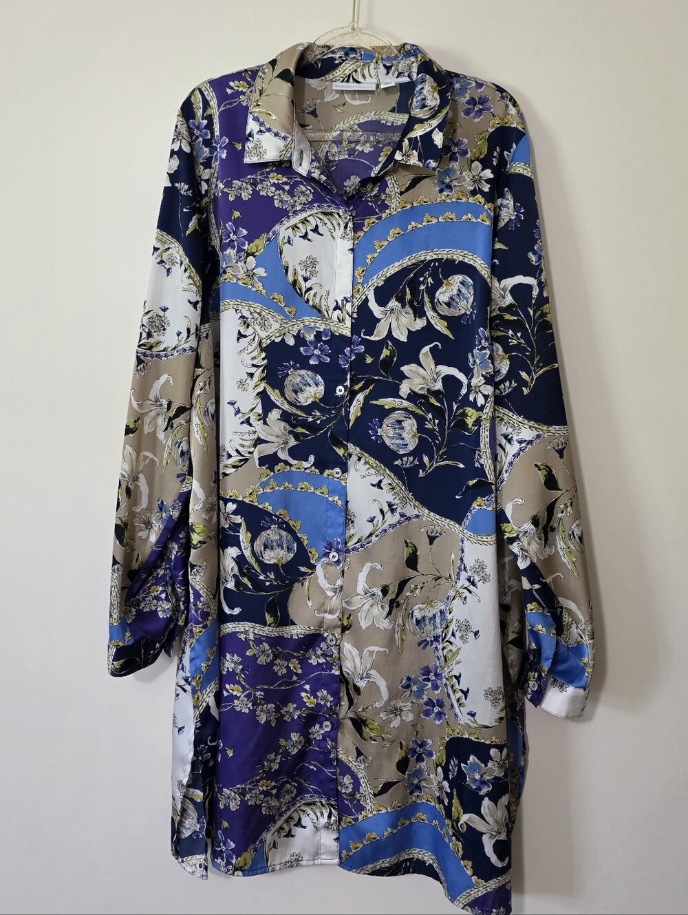 Susan Graver Oversize Vibrant Duster Tunic Floral Scroll Baroque Button Up Large